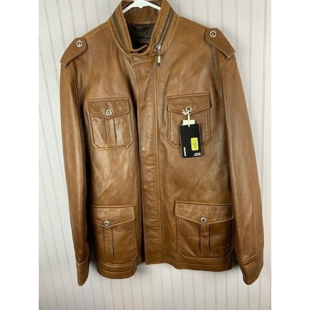 Murano Size Large Mens Jacket Lambskin Brown stand Up Collar Full Zip Snaps